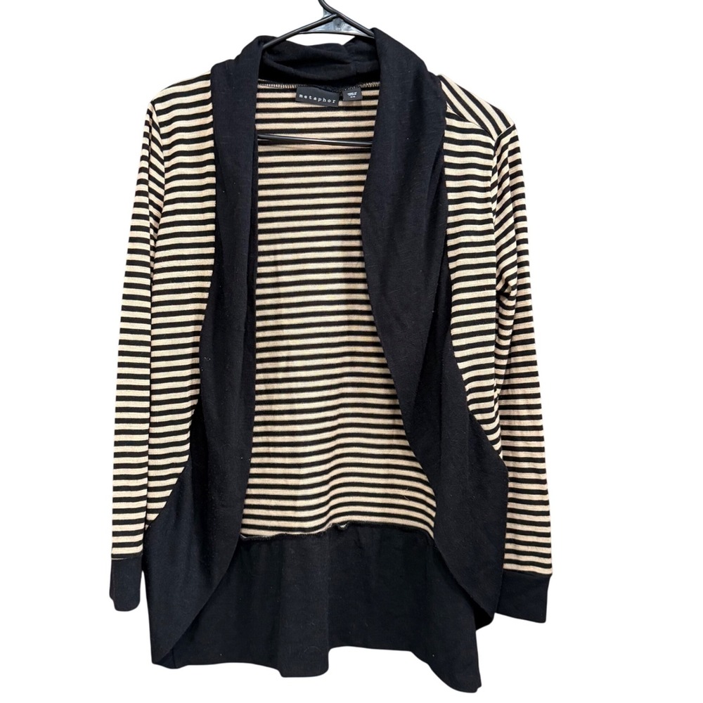 Metaphor Striped Open‎ Front Cardigan Sweater S/C Tan Beige Black Career Size S